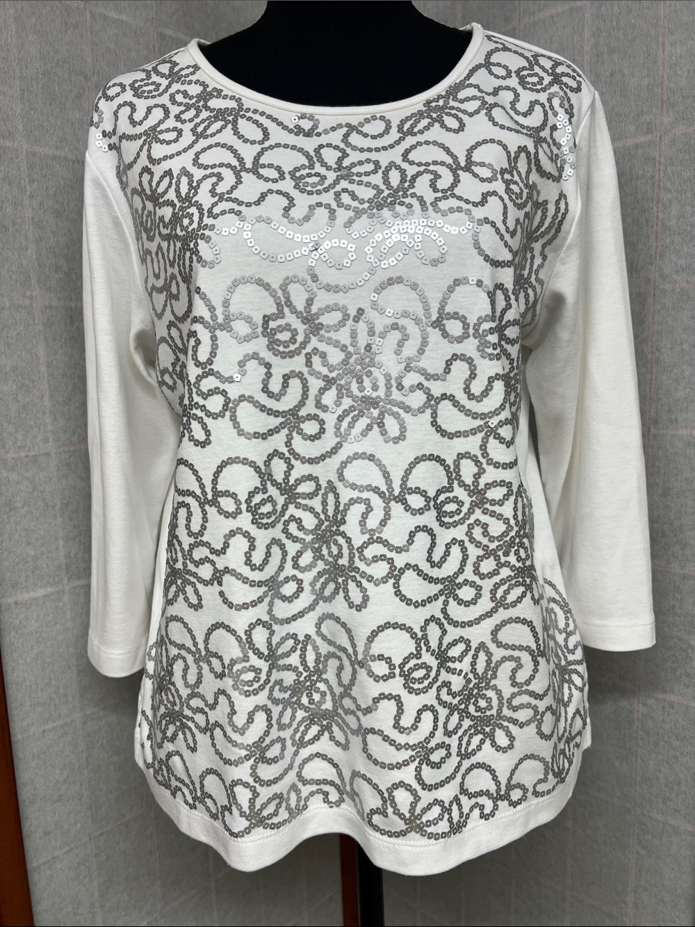 Alfred Dunner White Top with Silver Sequin Floral Swirl